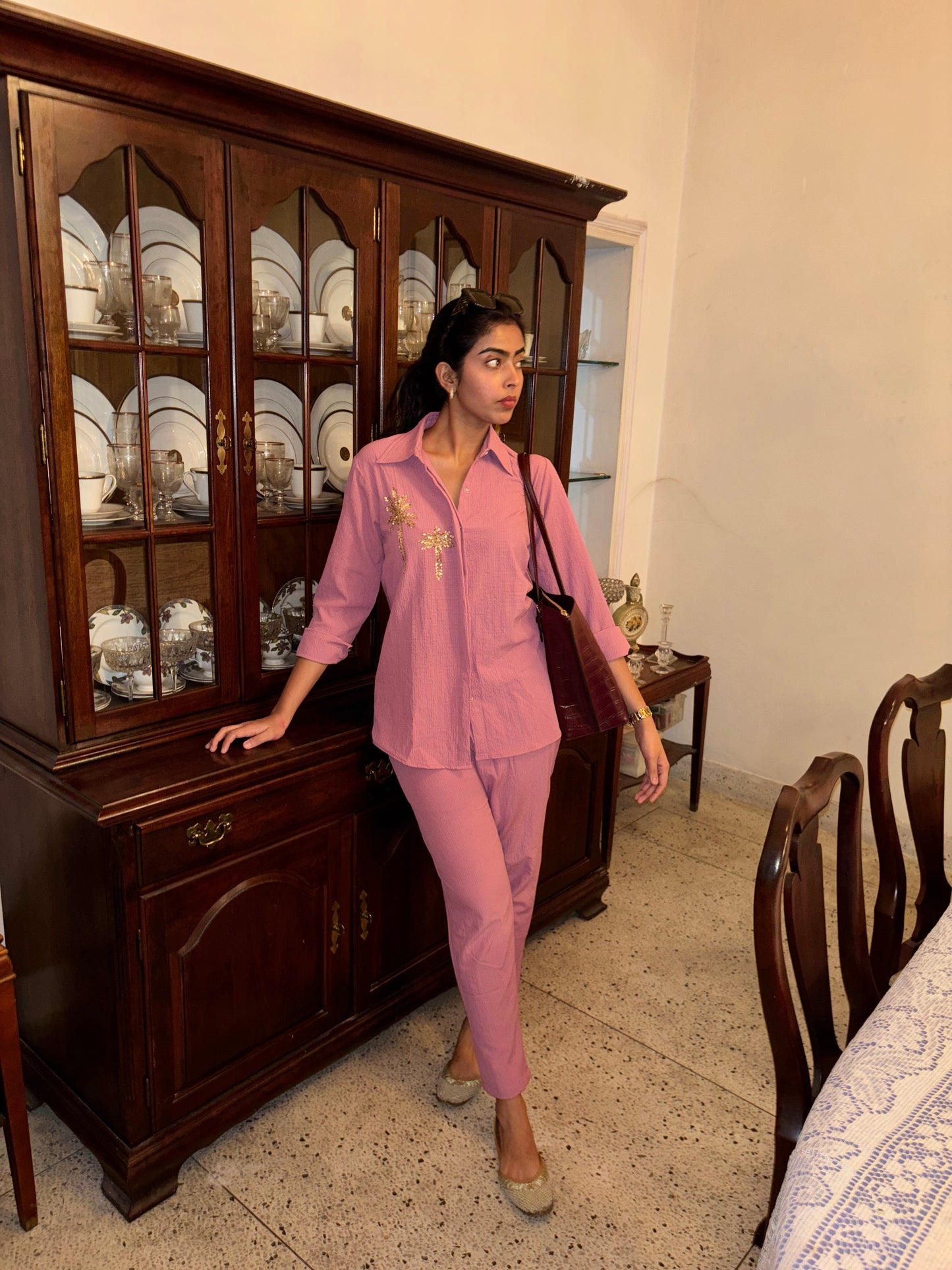 Italian Crepe Pink Palm Tree Co-Ord Set