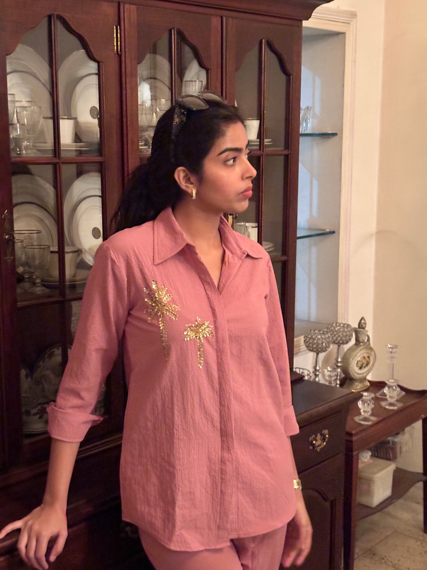 Italian Crepe Pink Palm Tree Co-Ord Set