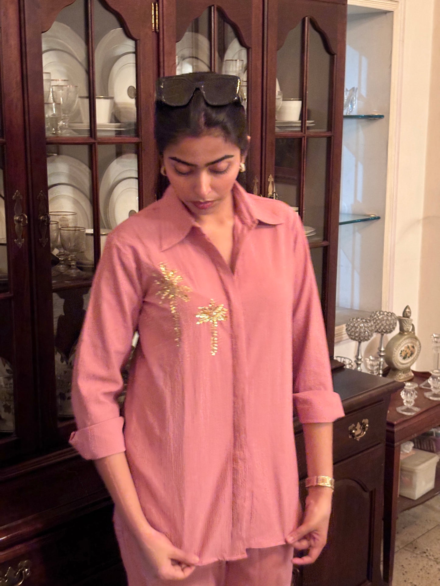 Italian Crepe Pink Palm Tree Co-Ord Set