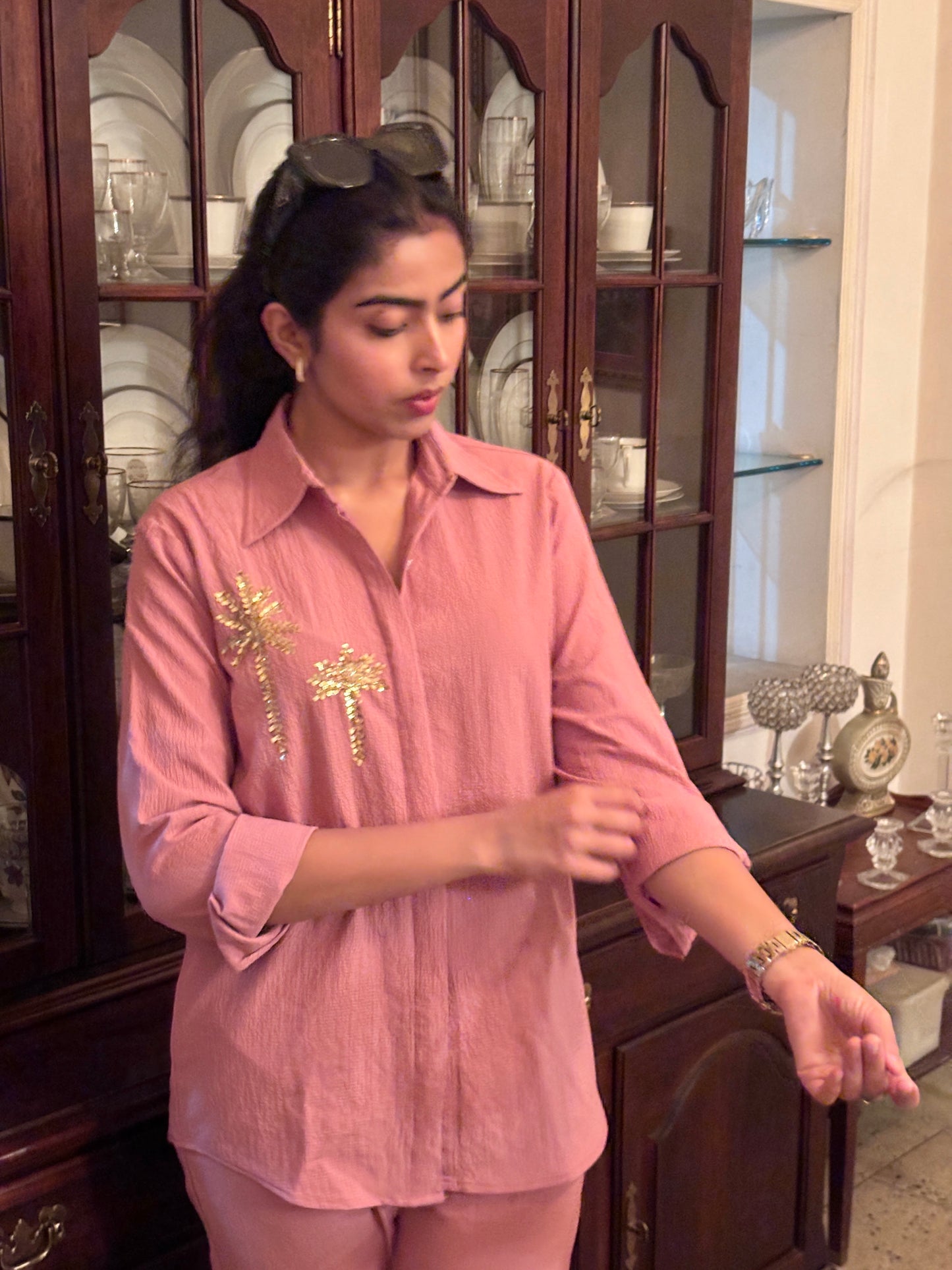 Italian Crepe Pink Palm Tree Co-Ord Set