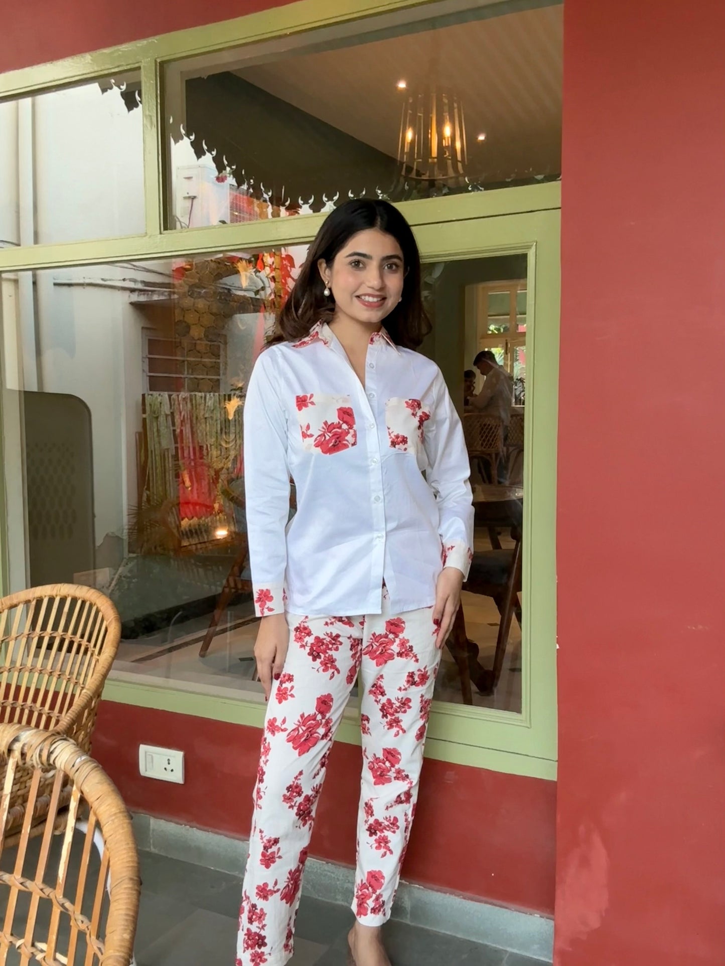 White Pure Cotton Red Flower Detailing Co-ord Set