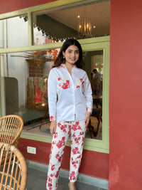 White Pure Cotton Red Flower Detailing Co-ord Set