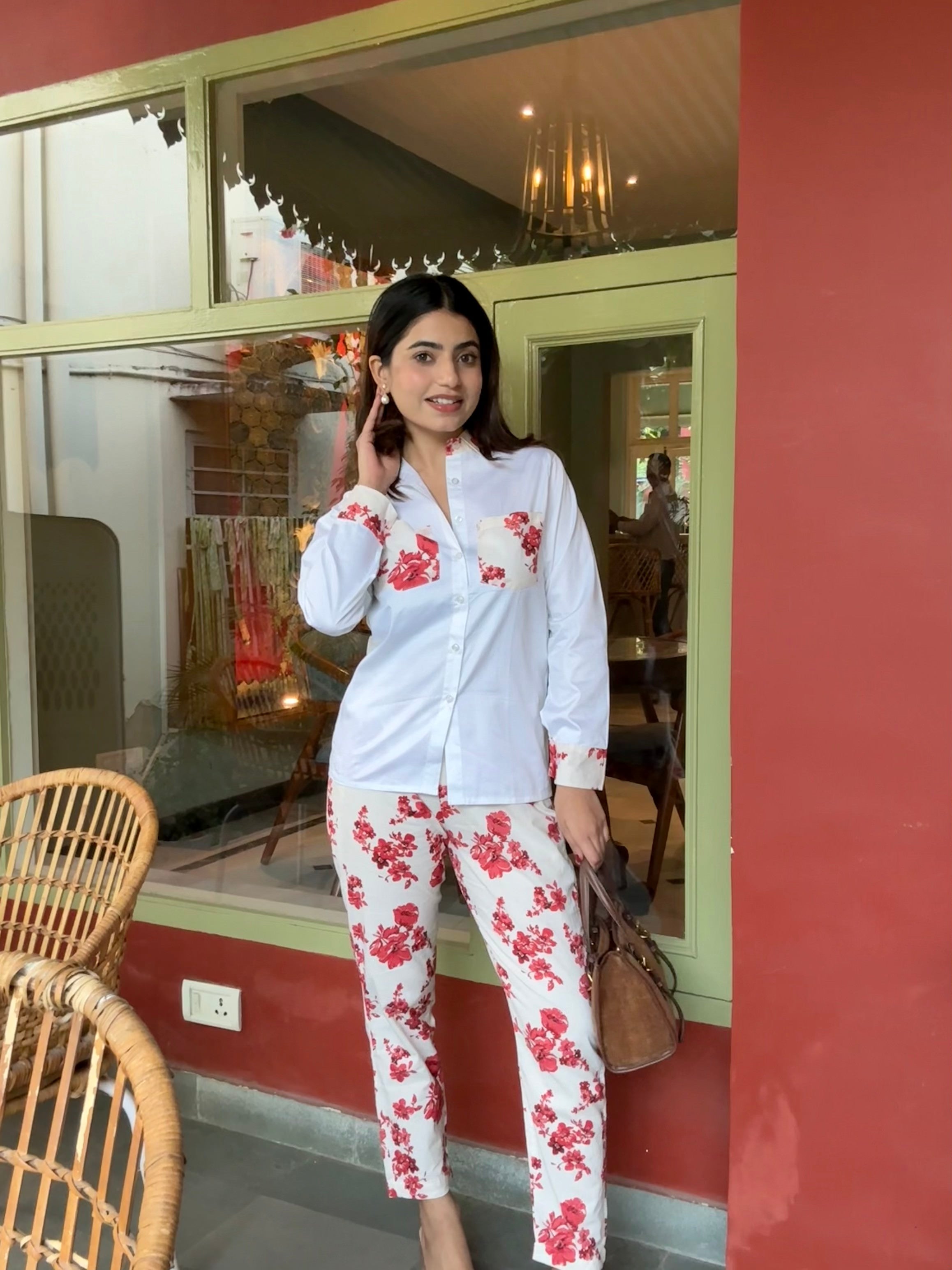 White Pure Cotton Red Flower Detailing Co-ord Set