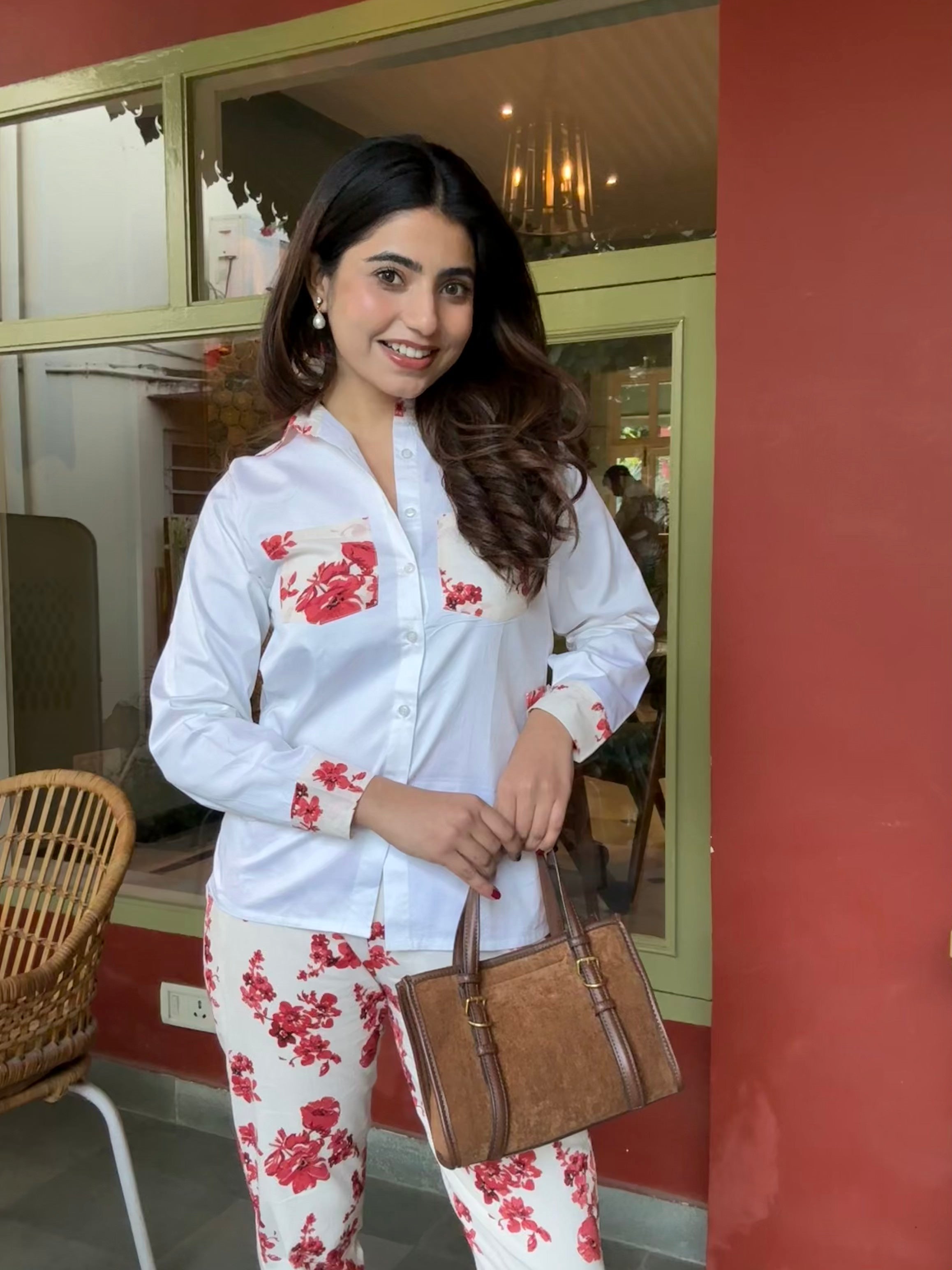 White Pure Cotton Red Flower Detailing Co-ord Set