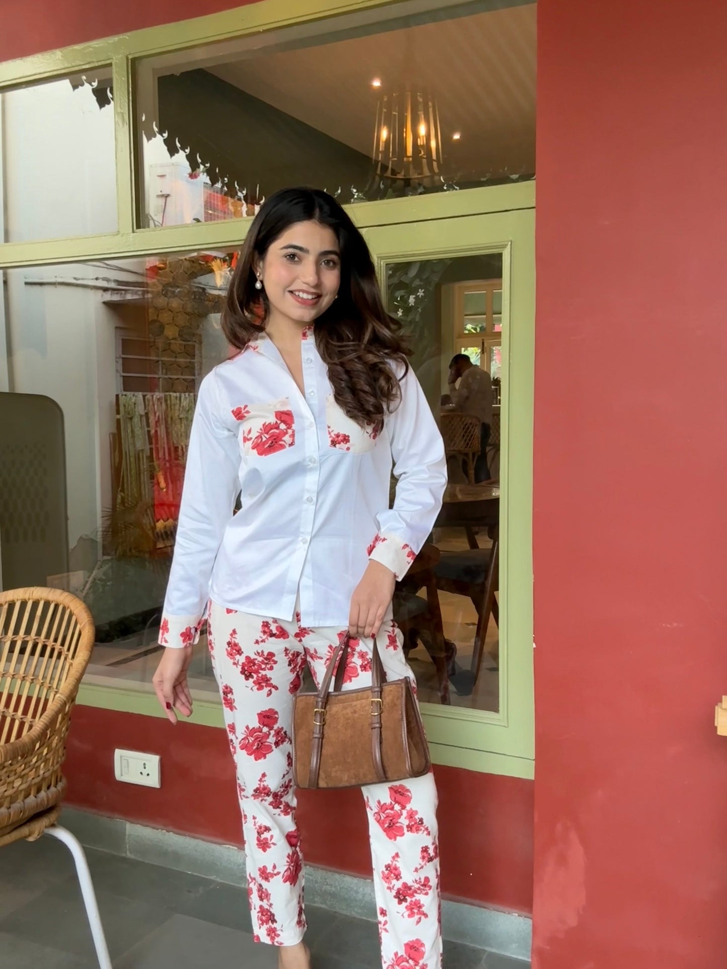 White Pure Cotton Red Flower Detailing Co-ord Set