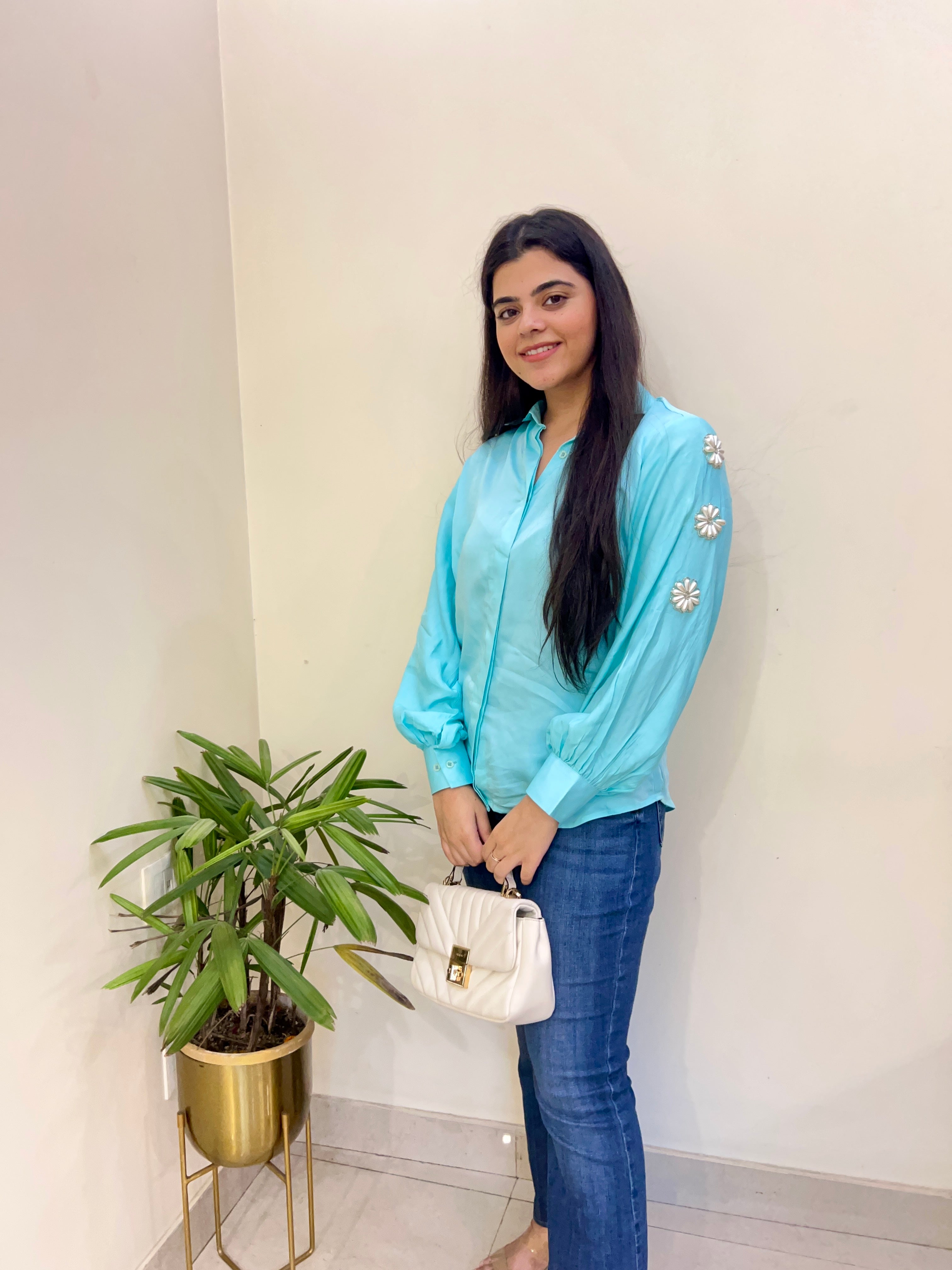 Blue Modal Shirt With Flower Detailing