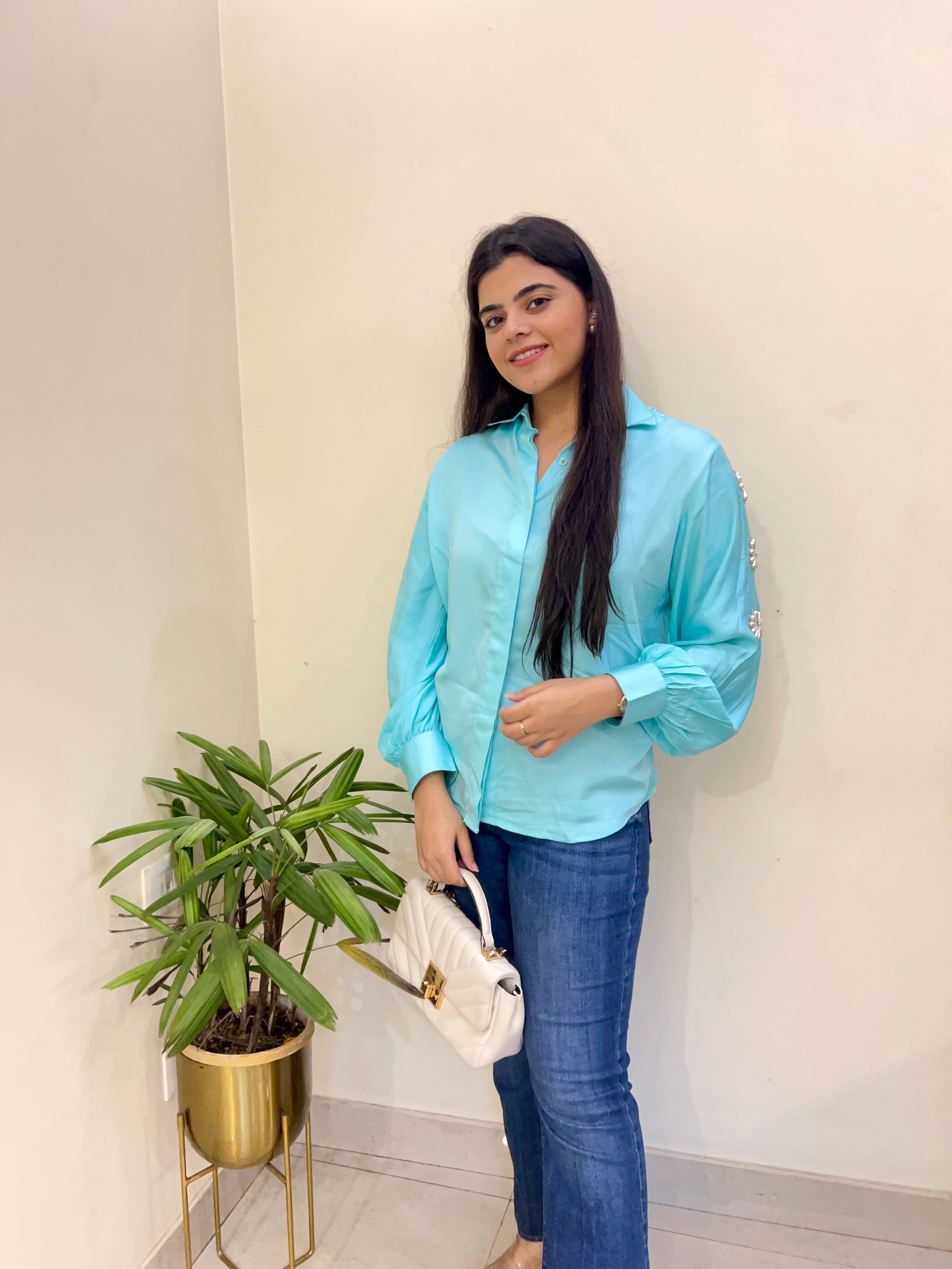Blue Modal Shirt With Flower Detailing