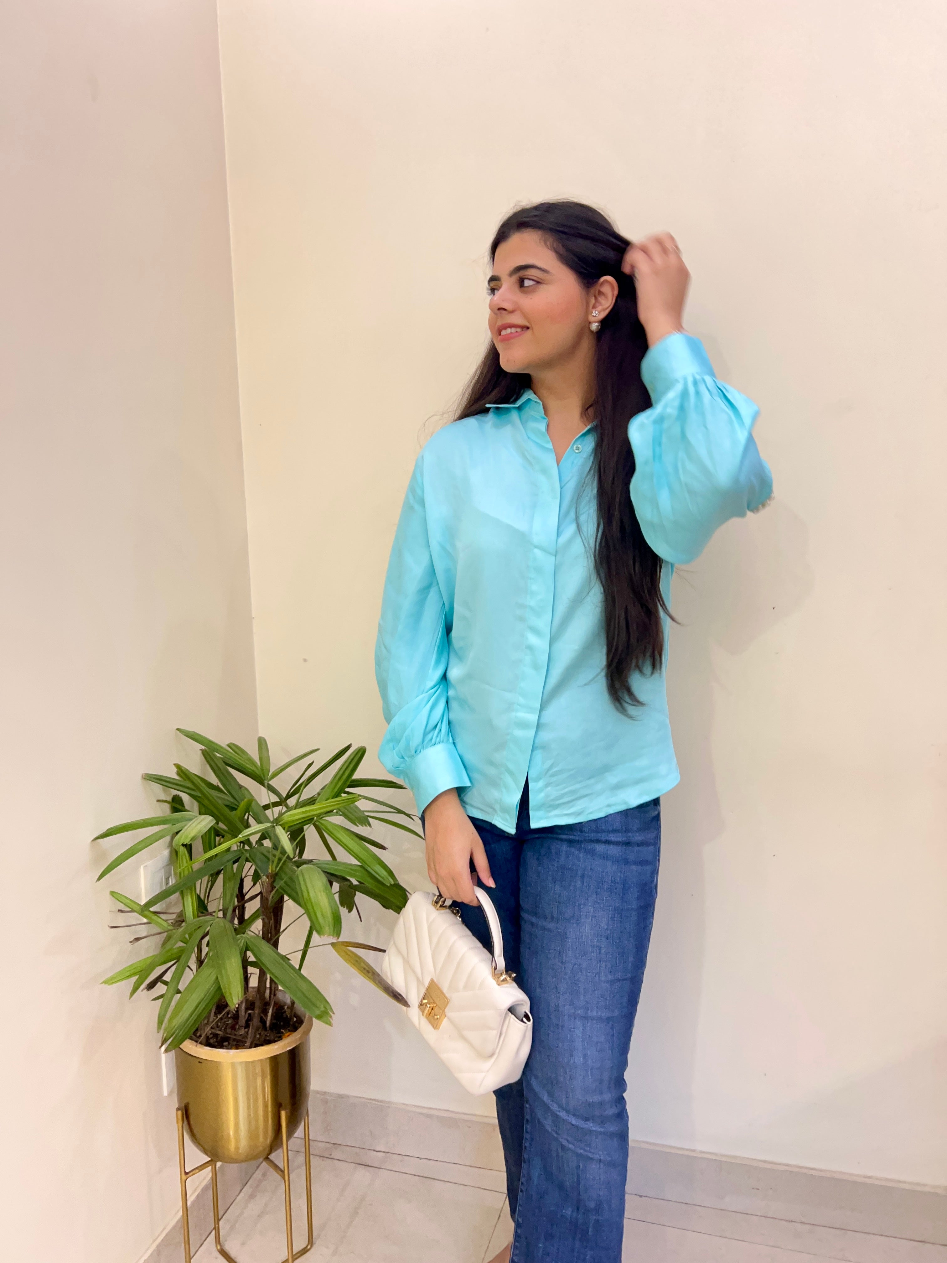 Blue Modal Shirt With Flower Detailing