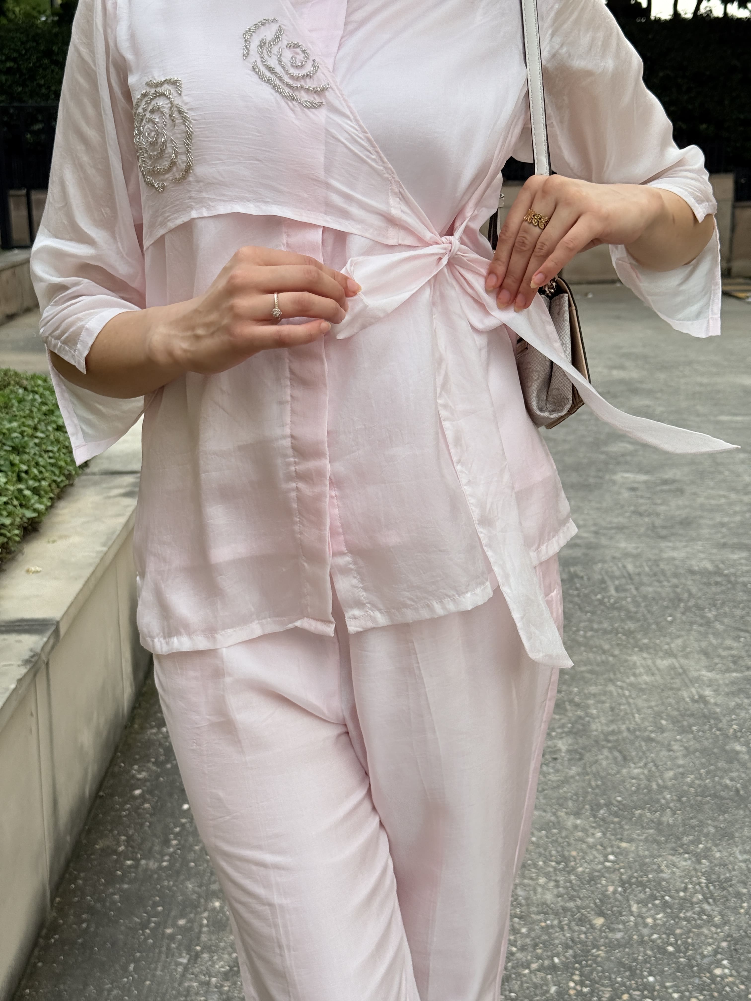 Pink Summer Silk Co-ord Set With Cutwork Detailing