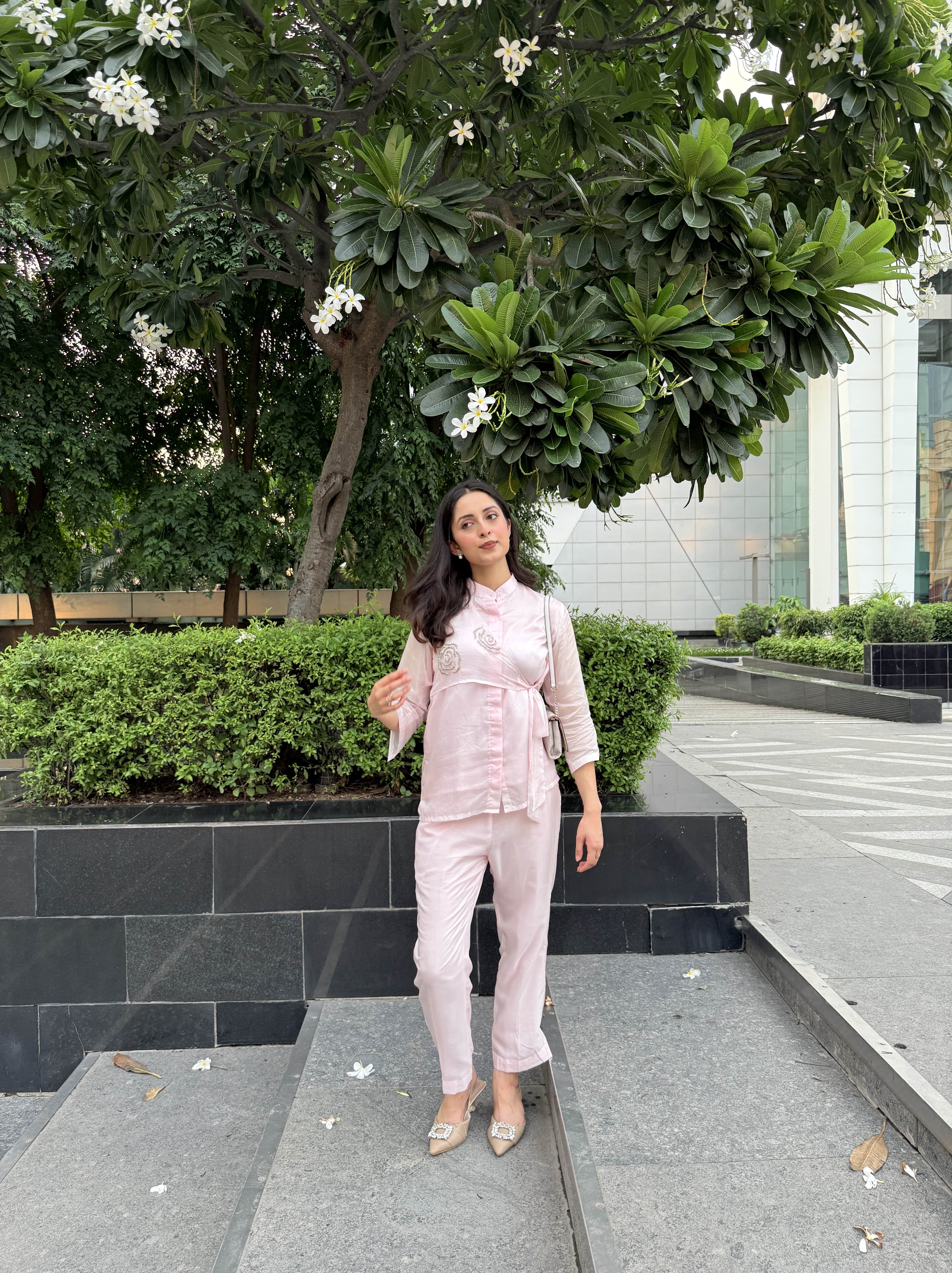 Pink Summer Silk Co-ord Set With Cutwork Detailing