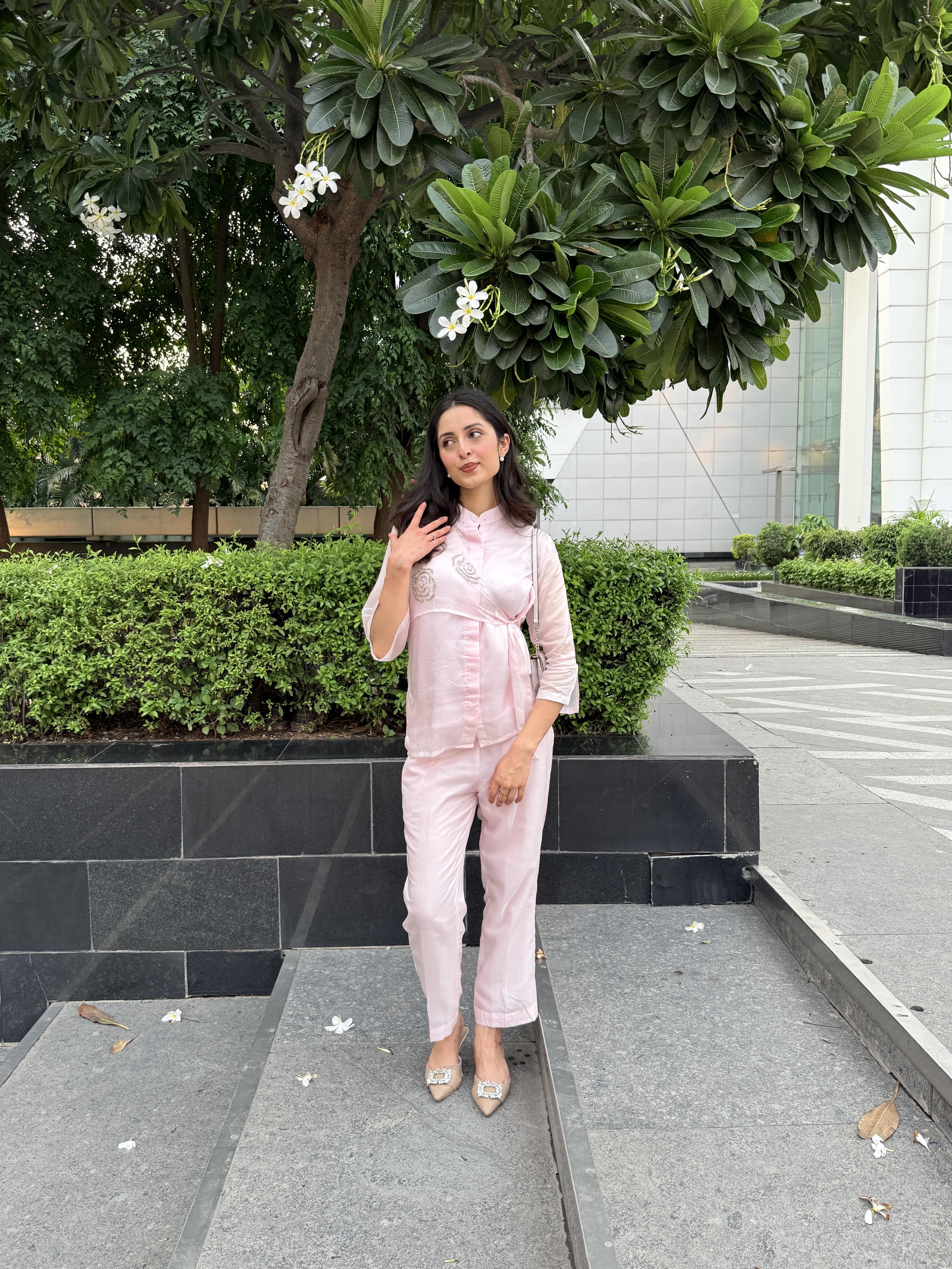 Pink Summer Silk Co-ord Set With Cutwork Detailing