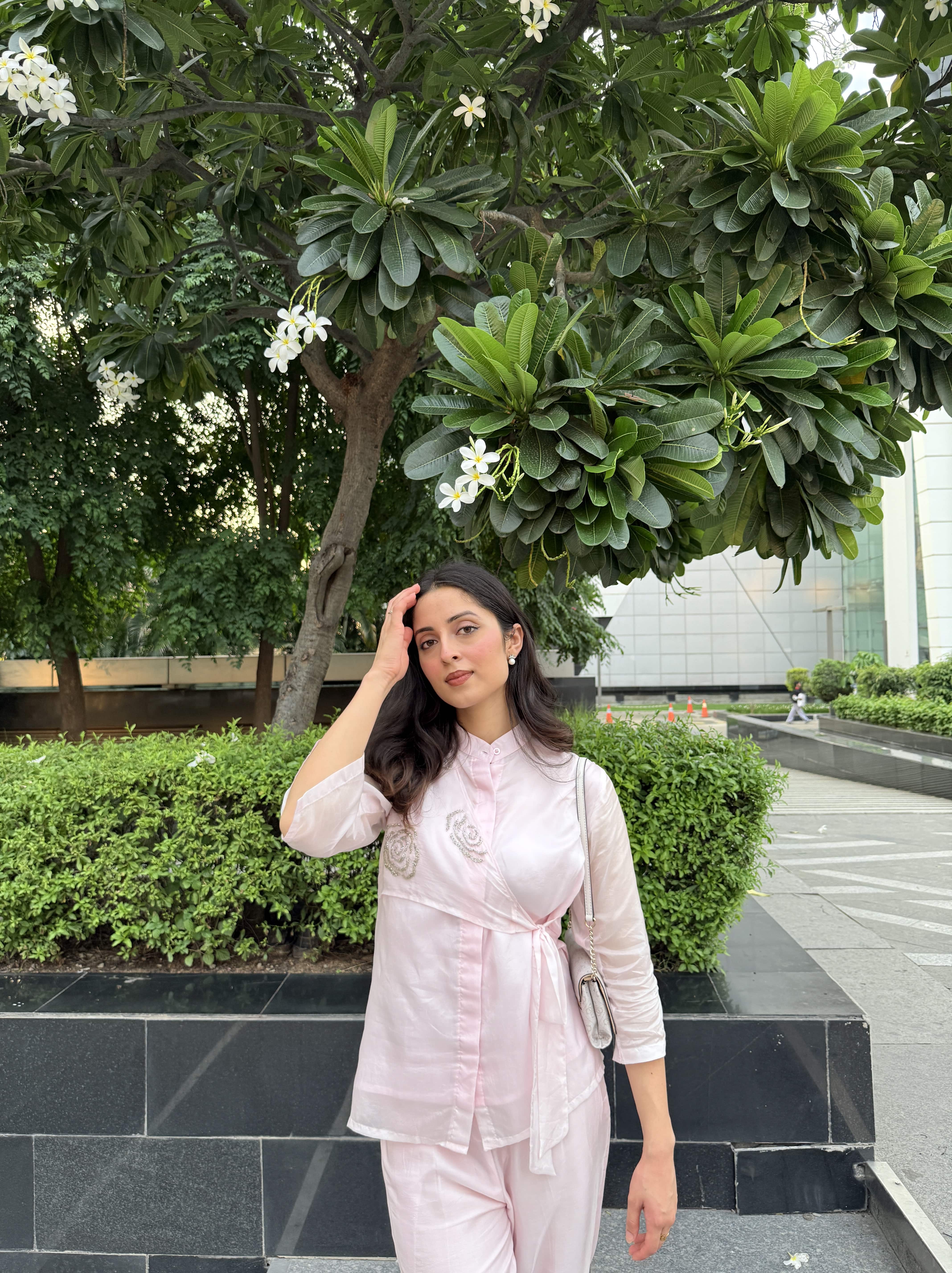 Pink Summer Silk Co-ord Set With Cutwork Detailing