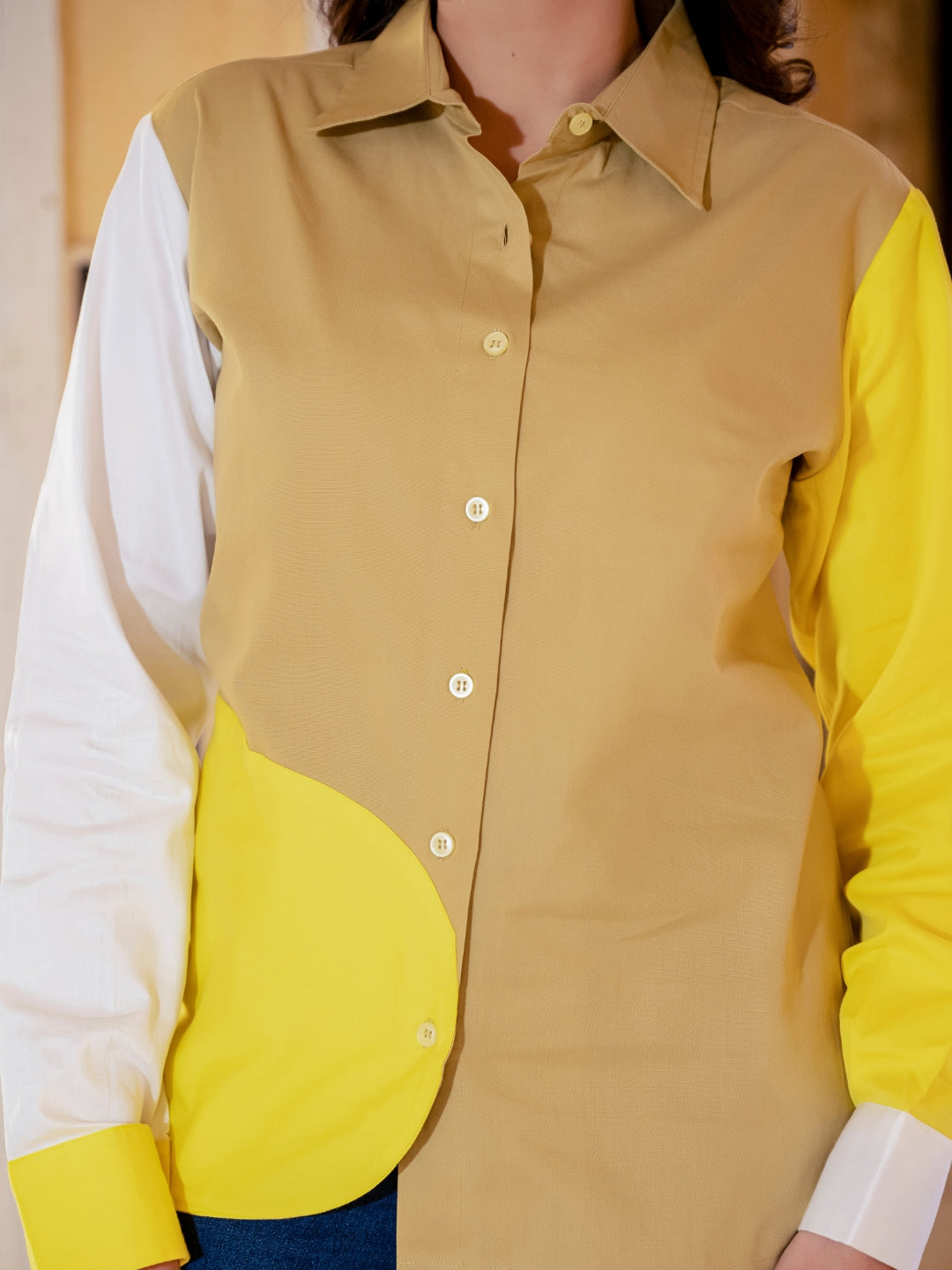 Beige Color Block Italian Cotton Shirt