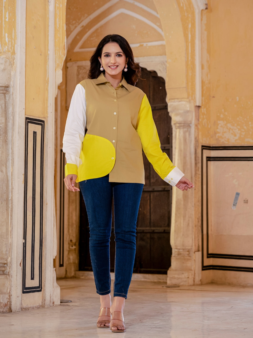 Beige Color Block Italian Cotton Shirt