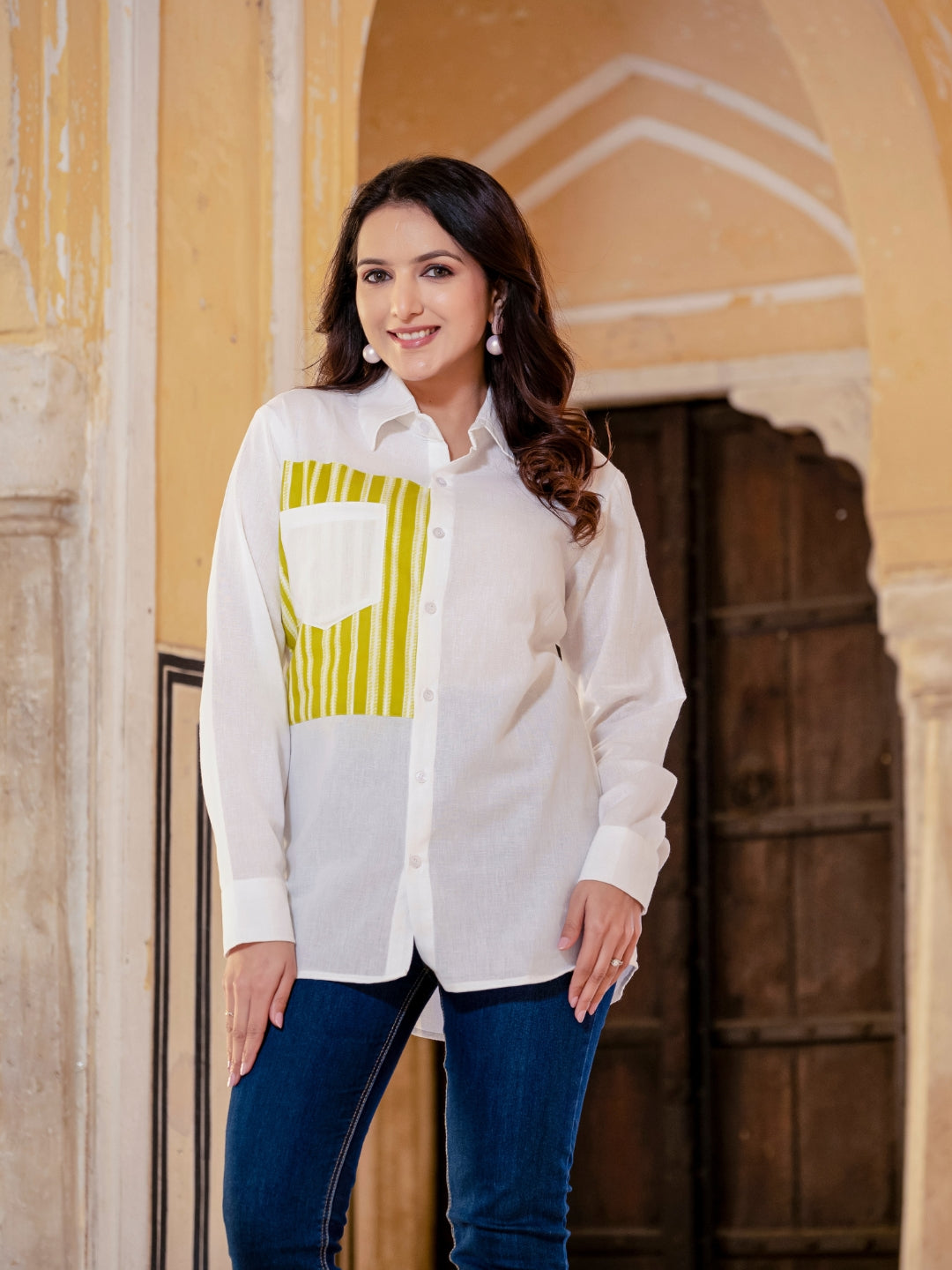 White Cotton Shirt With Yellow Patch Detailing