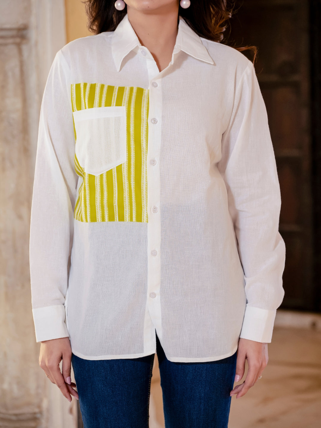 White Cotton Shirt With Yellow Patch Detailing