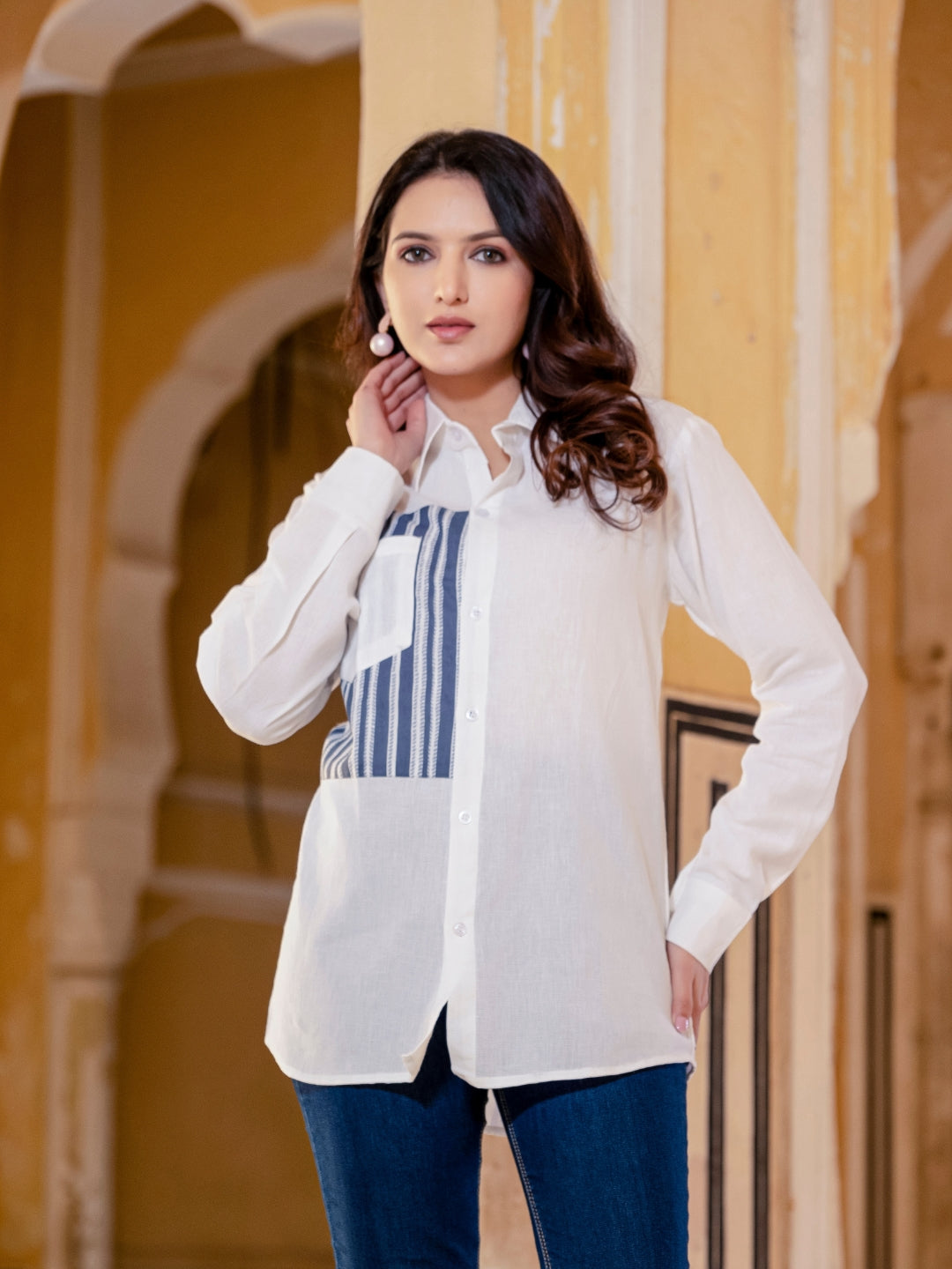 White Cotton Shirt With Grey Patch Detailing