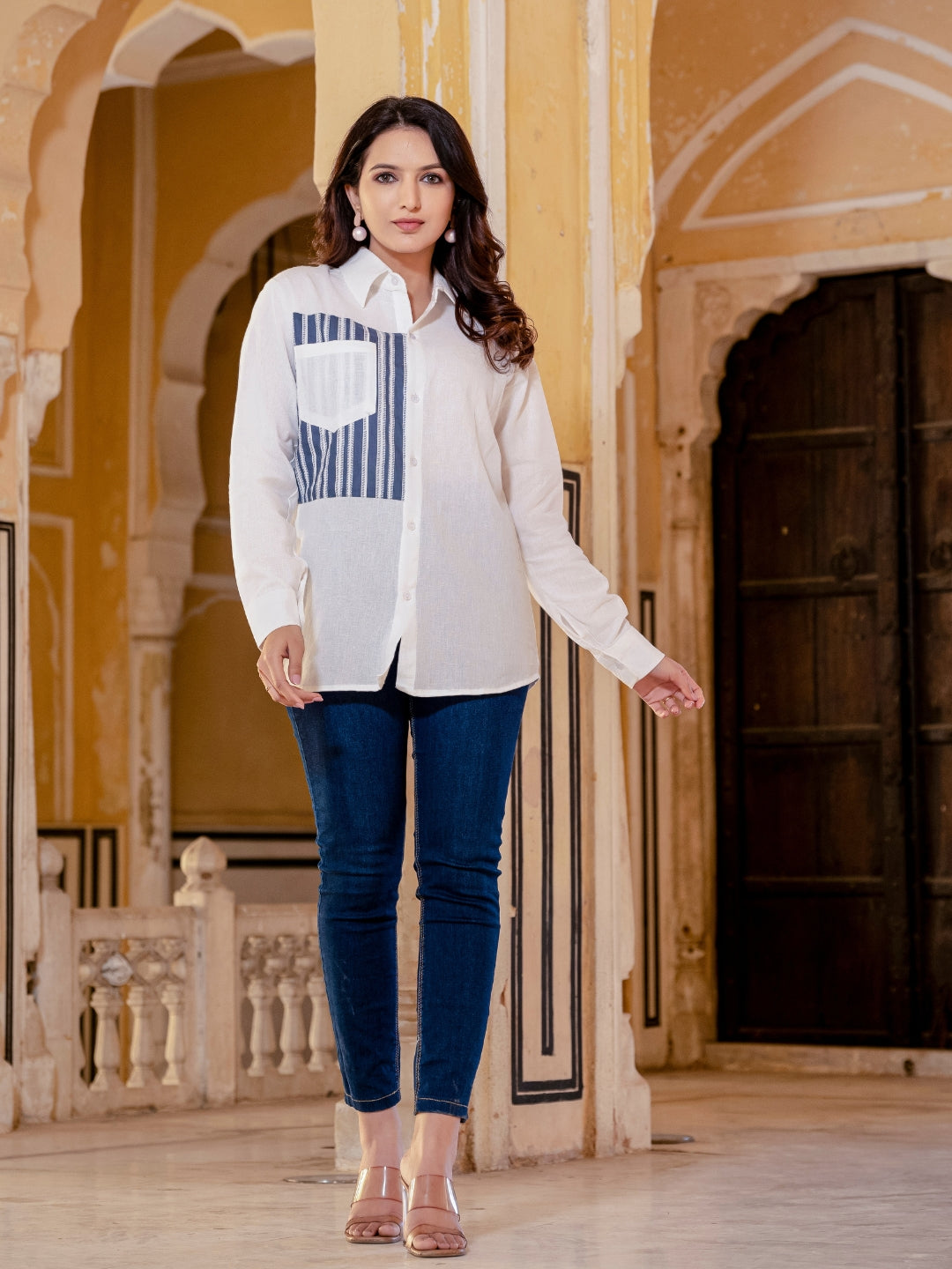 White Cotton Shirt With Grey Patch Detailing