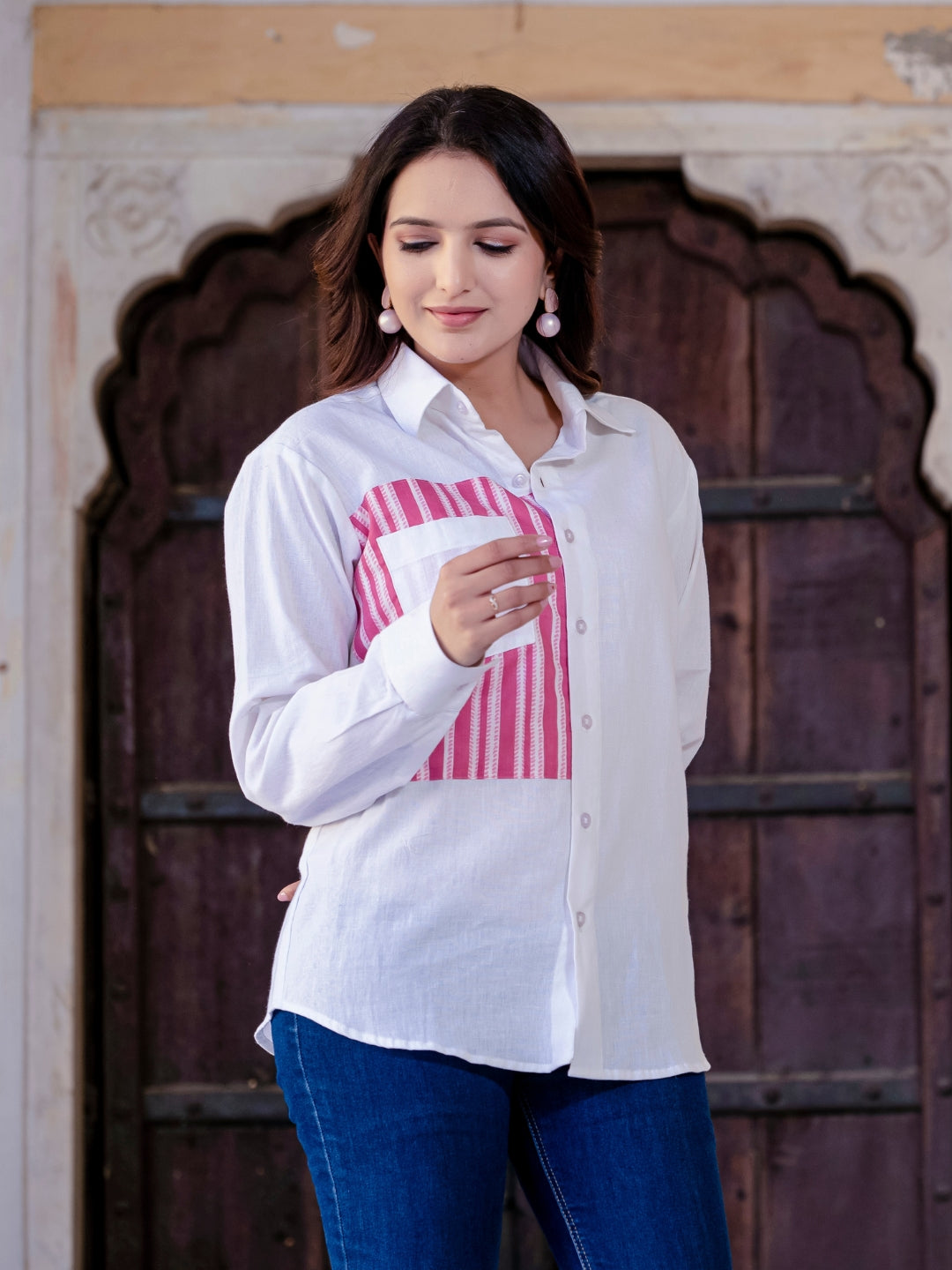 White Cotton Shirt With Pink Patch Detailing