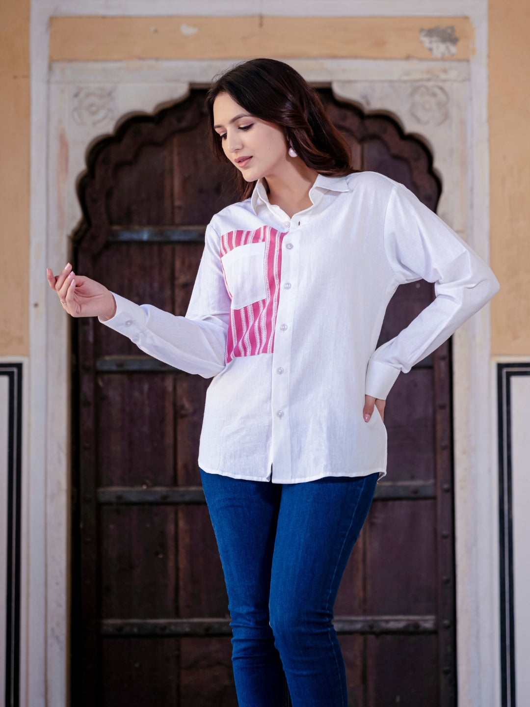 White Cotton Shirt With Pink Patch Detailing