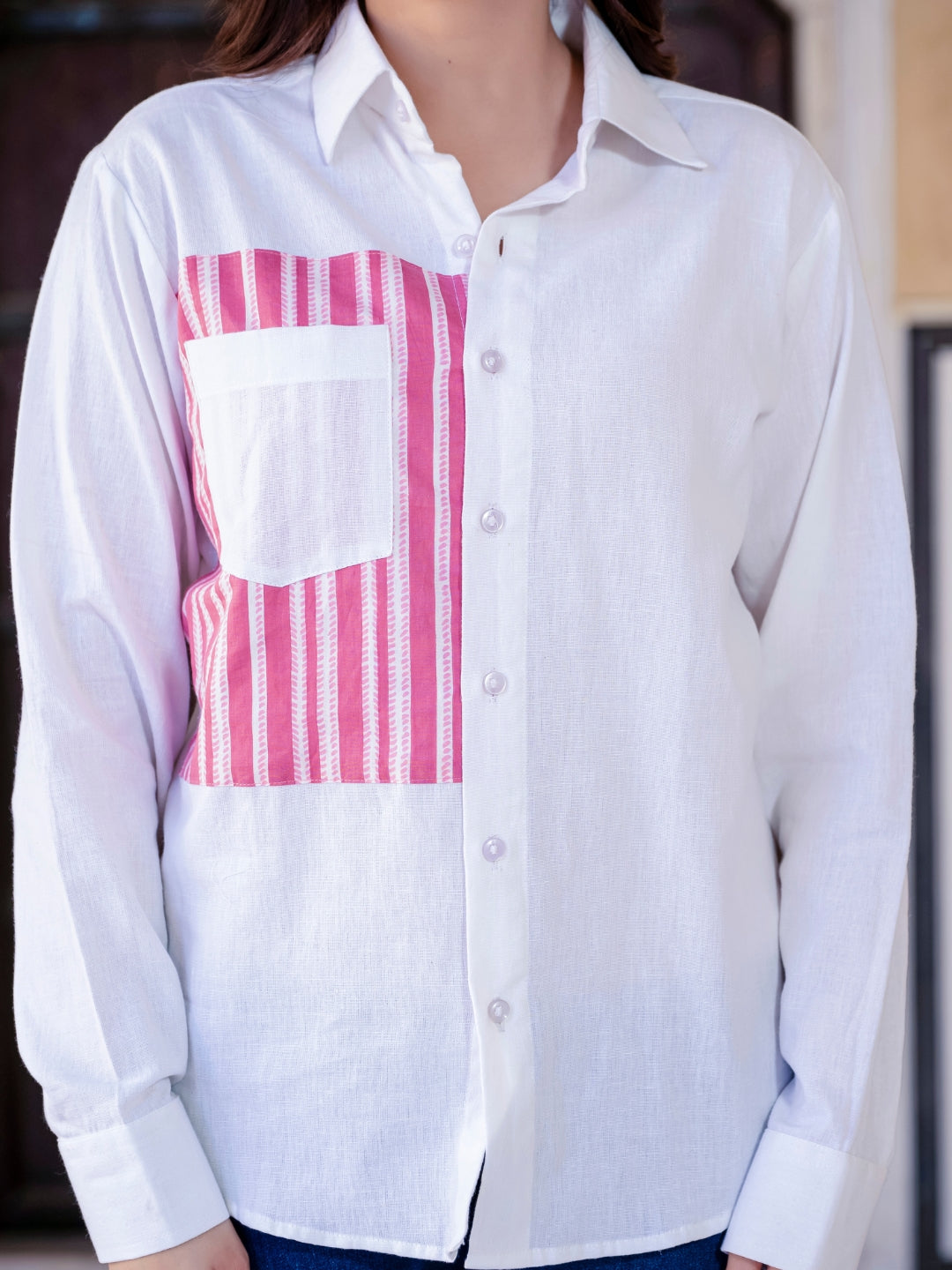 White Cotton Shirt With Pink Patch Detailing