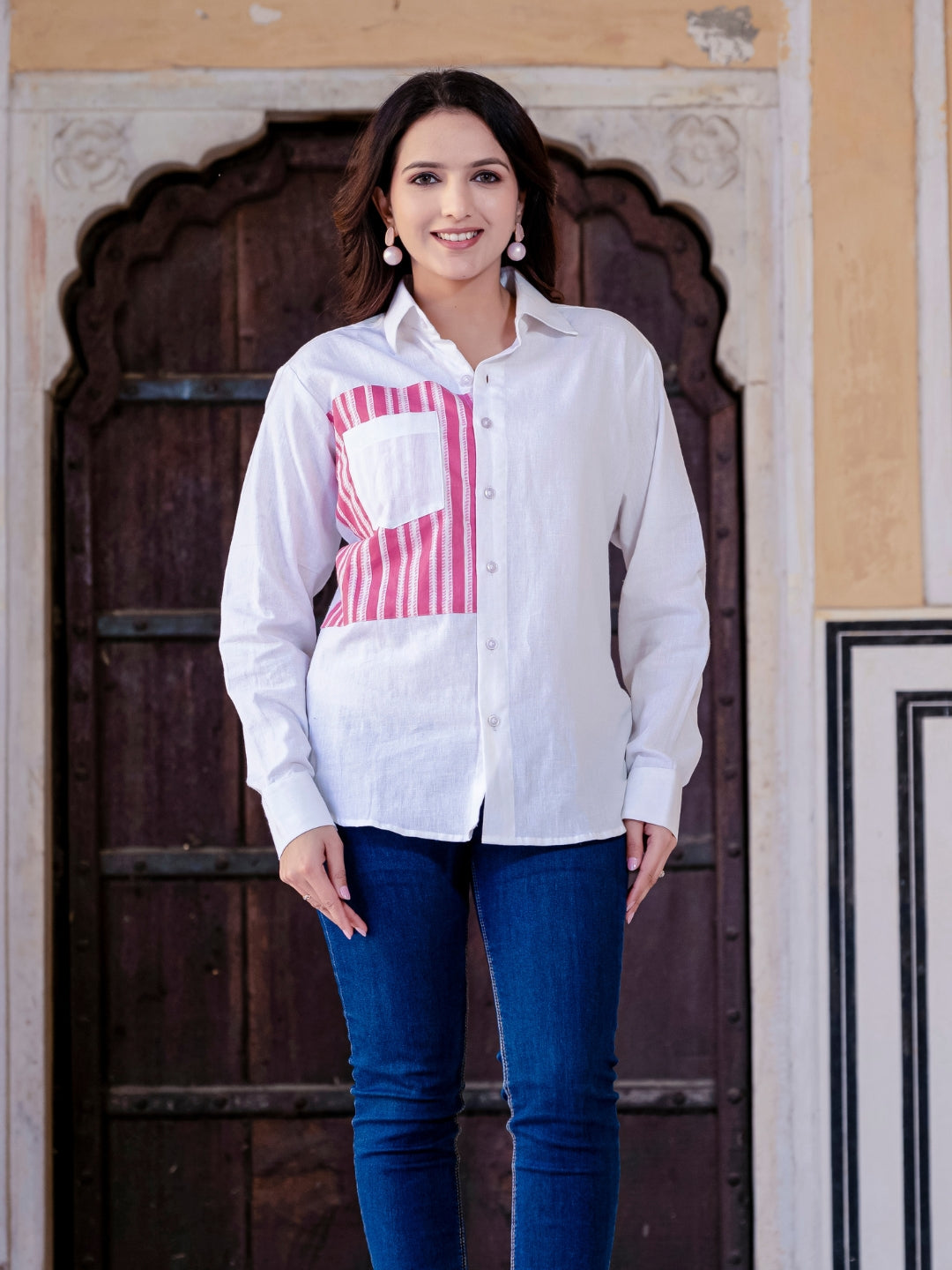 White Cotton Shirt With Pink Patch Detailing