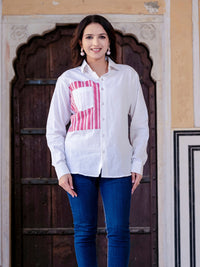 White Cotton Shirt With Pink Patch Detailing