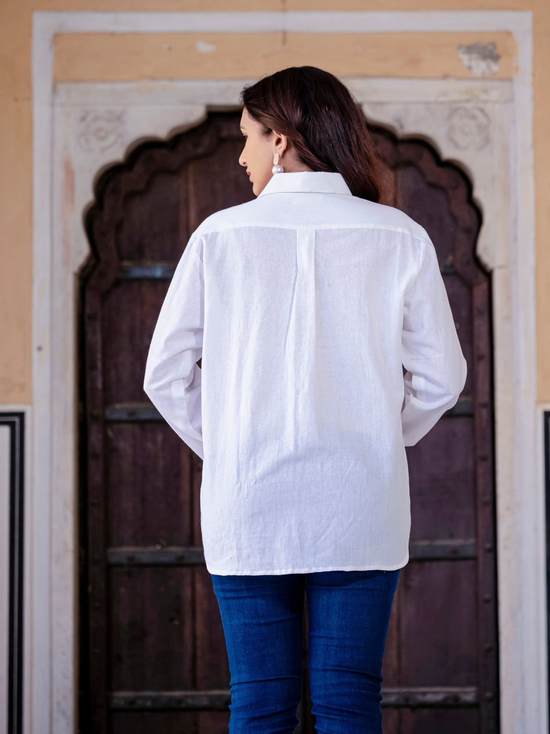 White Cotton Shirt With Pink Patch Detailing