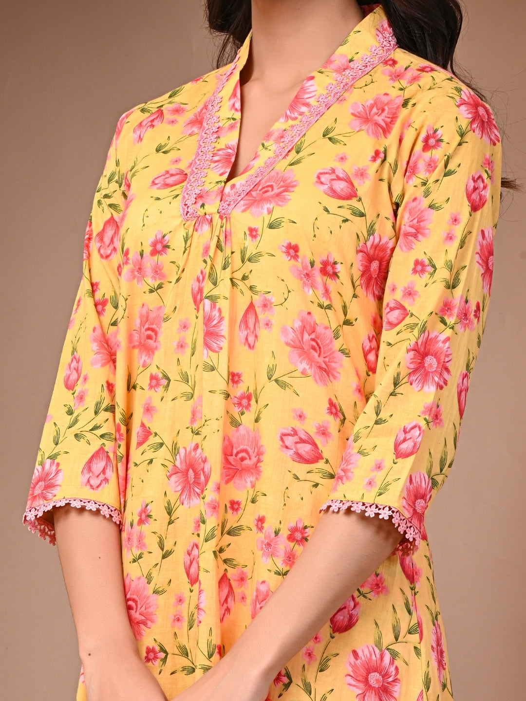 Pure Cotton Printed Yellow Kurti & Pant Set