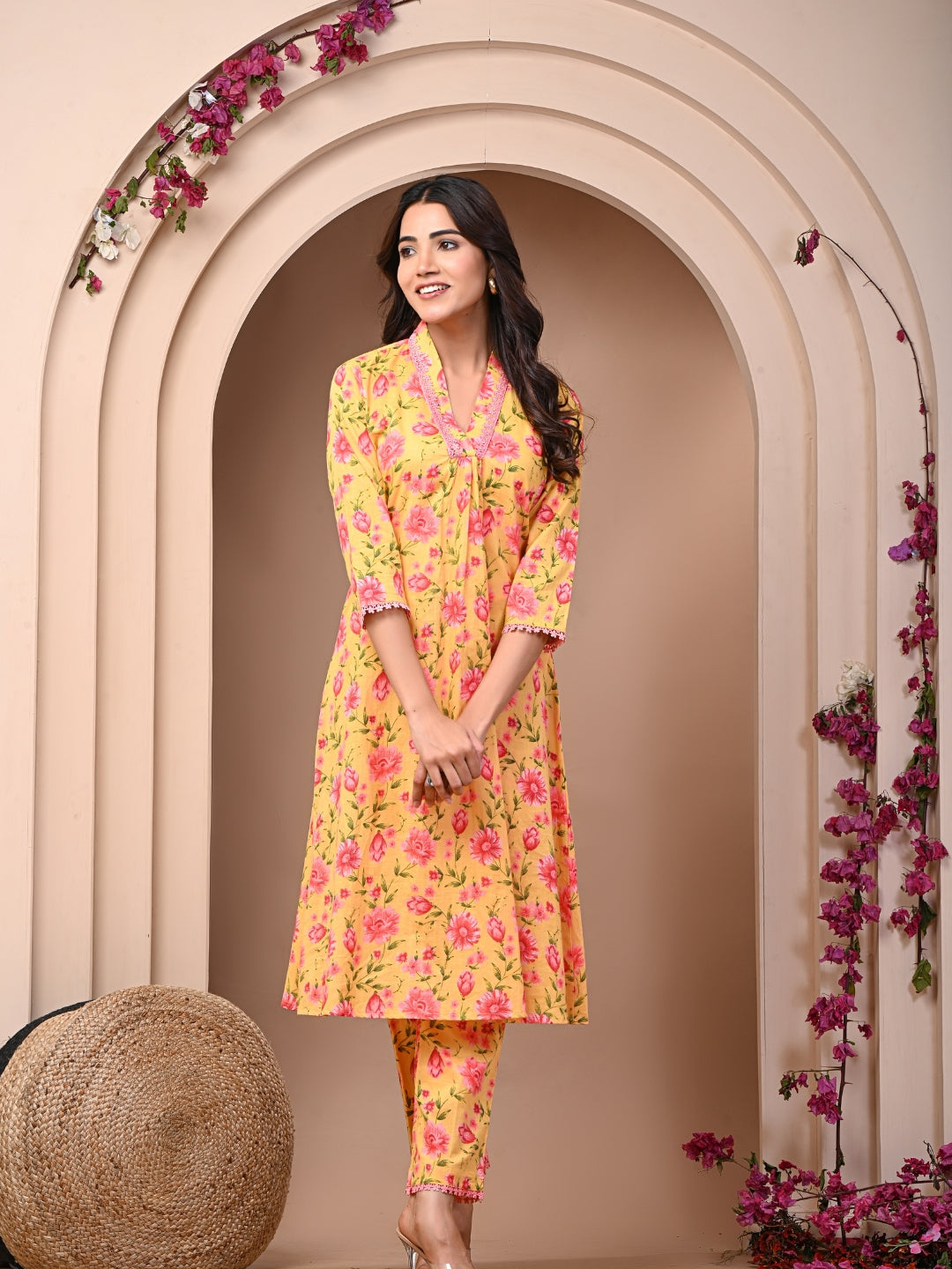 Pure Cotton Printed Yellow Kurti & Pant Set