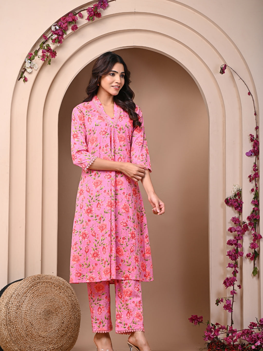 Pure Cotton Printed Mauve Pink Kurti & Pant Set