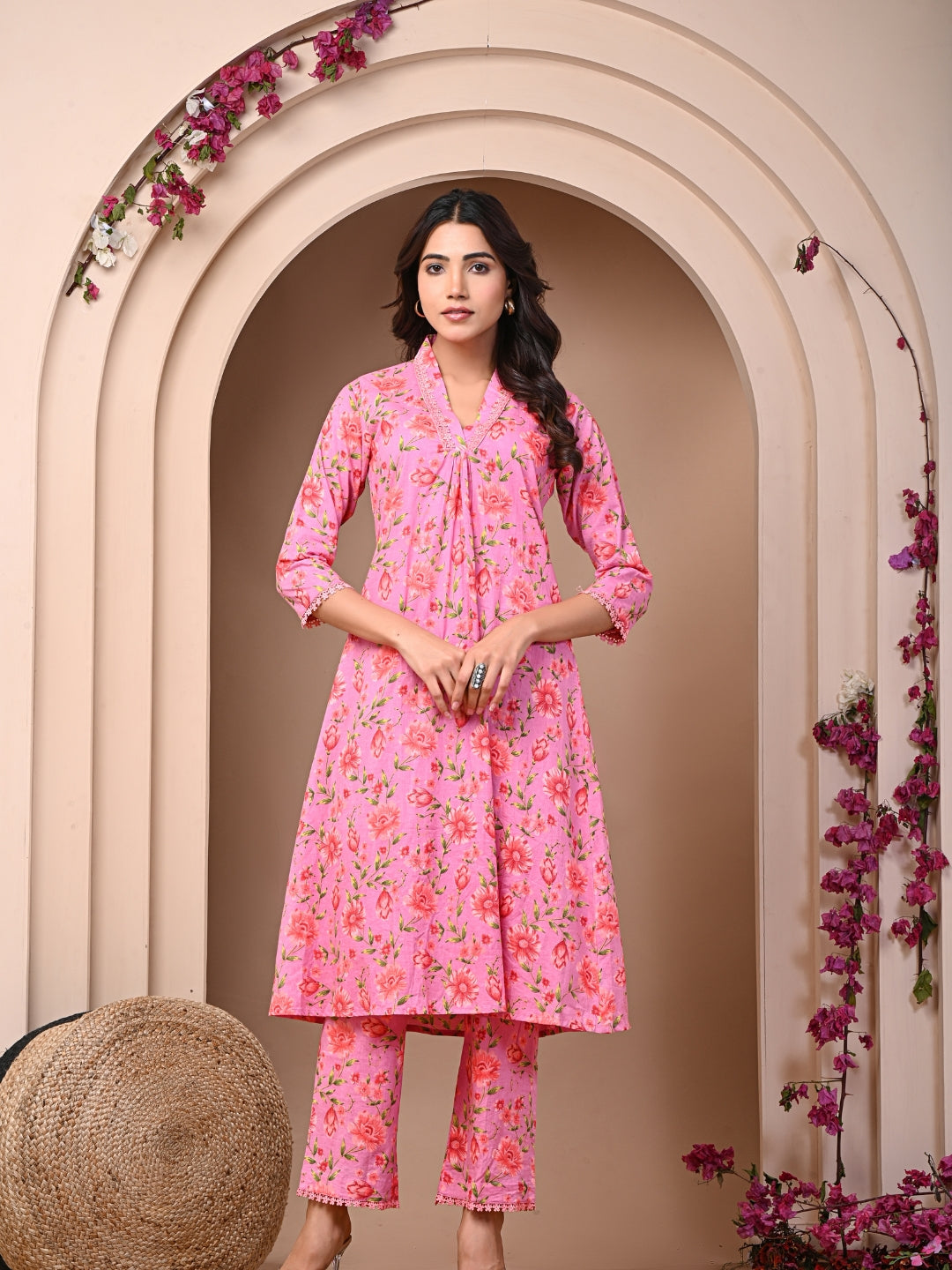 Pure Cotton Printed Mauve Pink Kurti & Pant Set