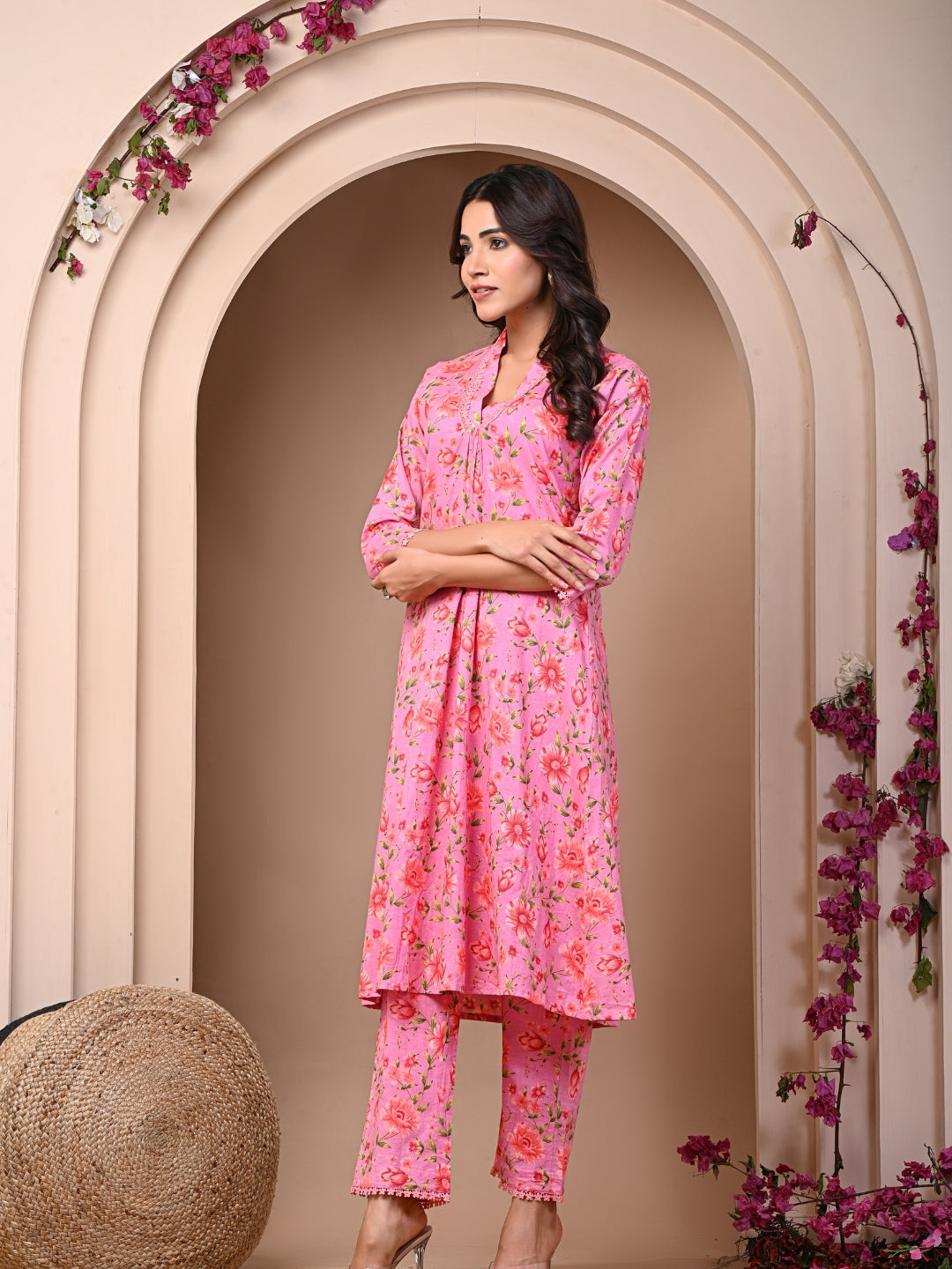 Pure Cotton Printed Mauve Pink Kurti & Pant Set