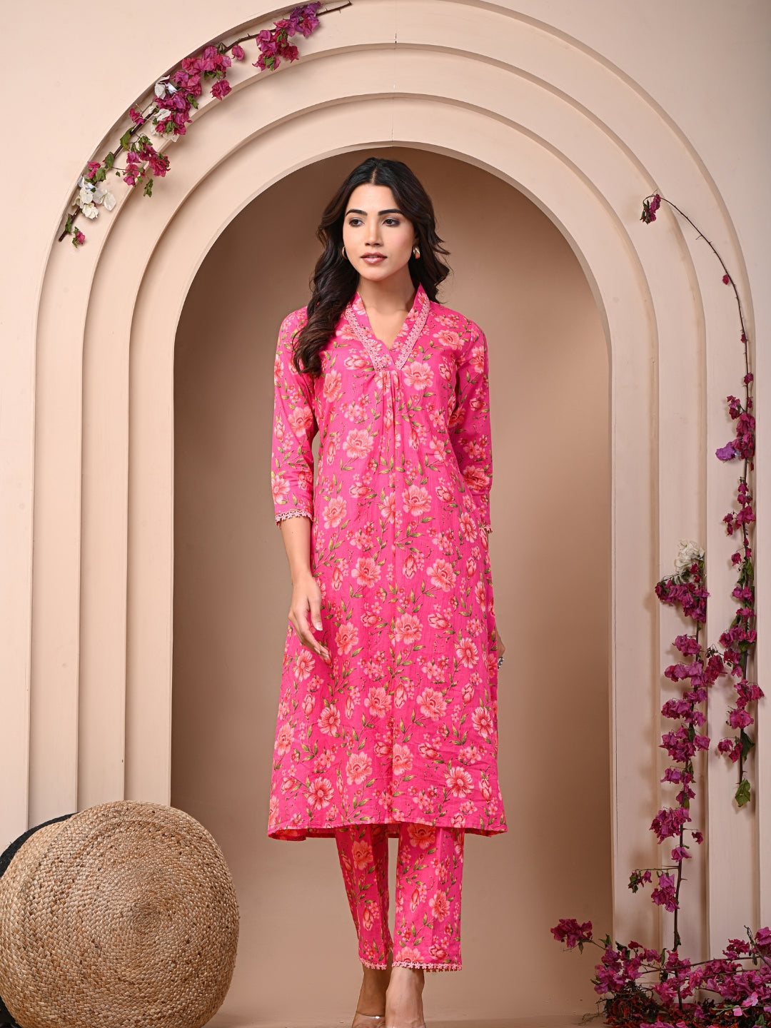 Pure Cotton Printed Dark Pink Kurti & Pant Set