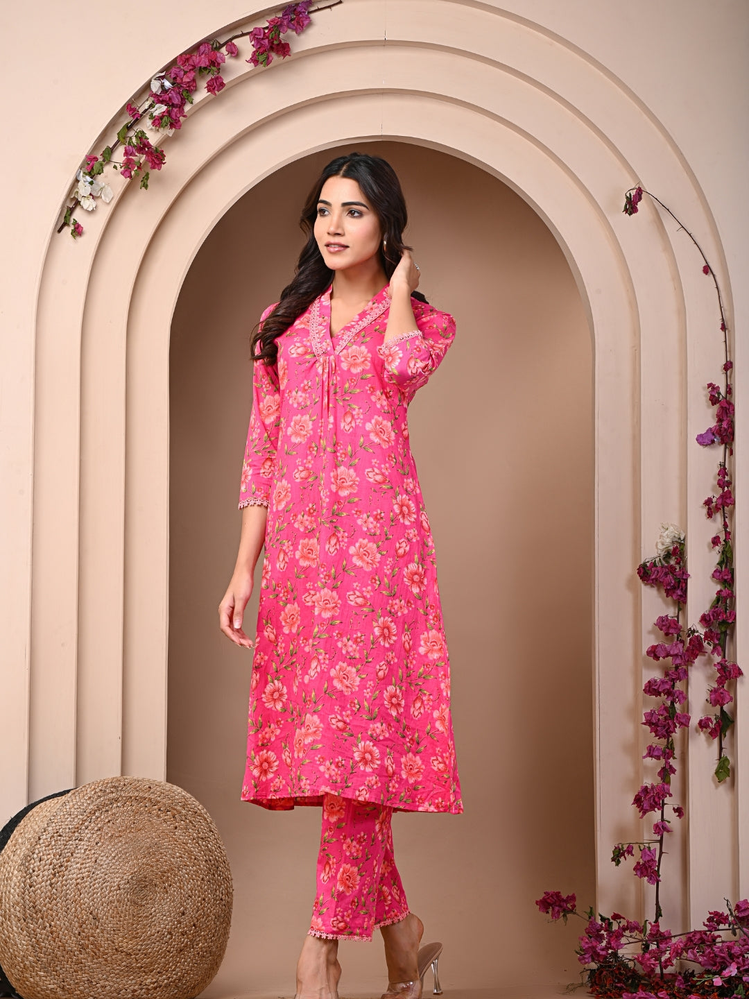 Pure Cotton Printed Dark Pink Kurti & Pant Set