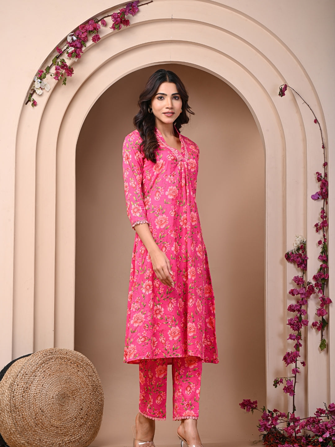 Pure Cotton Printed Dark Pink Kurti & Pant Set