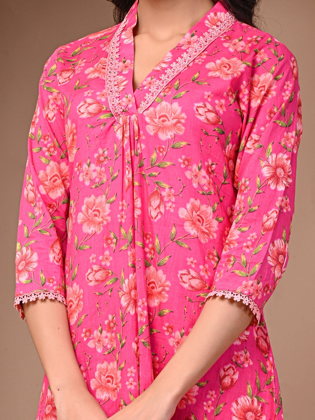 Pure Cotton Printed Dark Pink Kurti & Pant Set