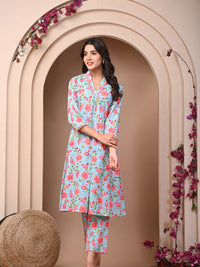 Pure Cotton Printed Light Blue Kurti & Pant Set