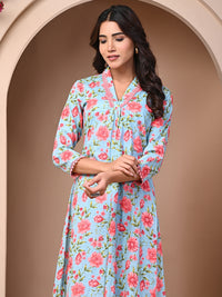 Pure Cotton Printed Light Blue Kurti & Pant Set