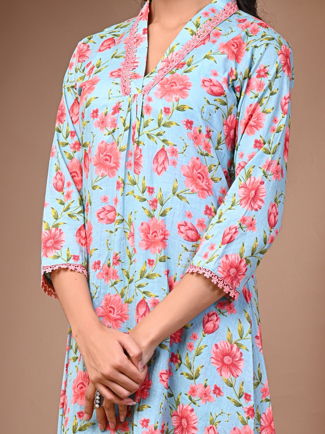 Pure Cotton Printed Light Blue Kurti & Pant Set
