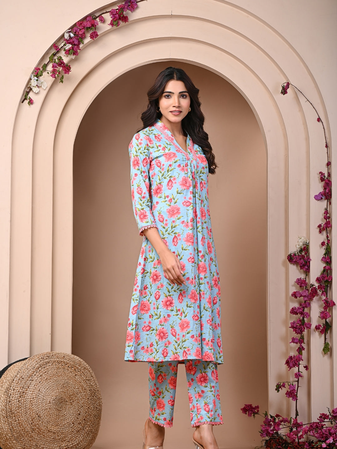 Pure Cotton Printed Light Blue Kurti & Pant Set