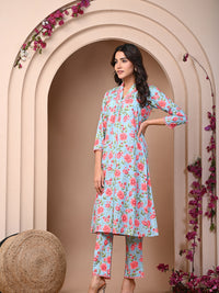 Pure Cotton Printed Light Blue Kurti & Pant Set
