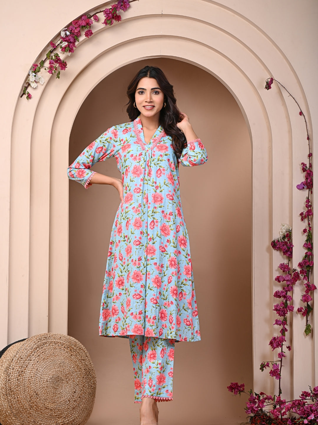 Pure Cotton Printed Light Blue Kurti & Pant Set