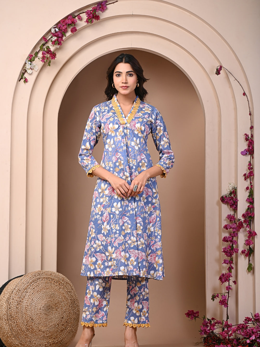 Pure Cotton Printed Greyish Blue Kurti & Pant Set