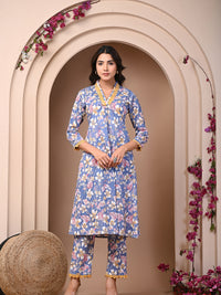 Pure Cotton Printed Greyish Blue Kurti & Pant Set