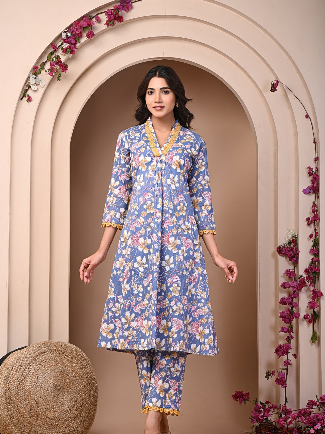Pure Cotton Printed Greyish Blue Kurti & Pant Set