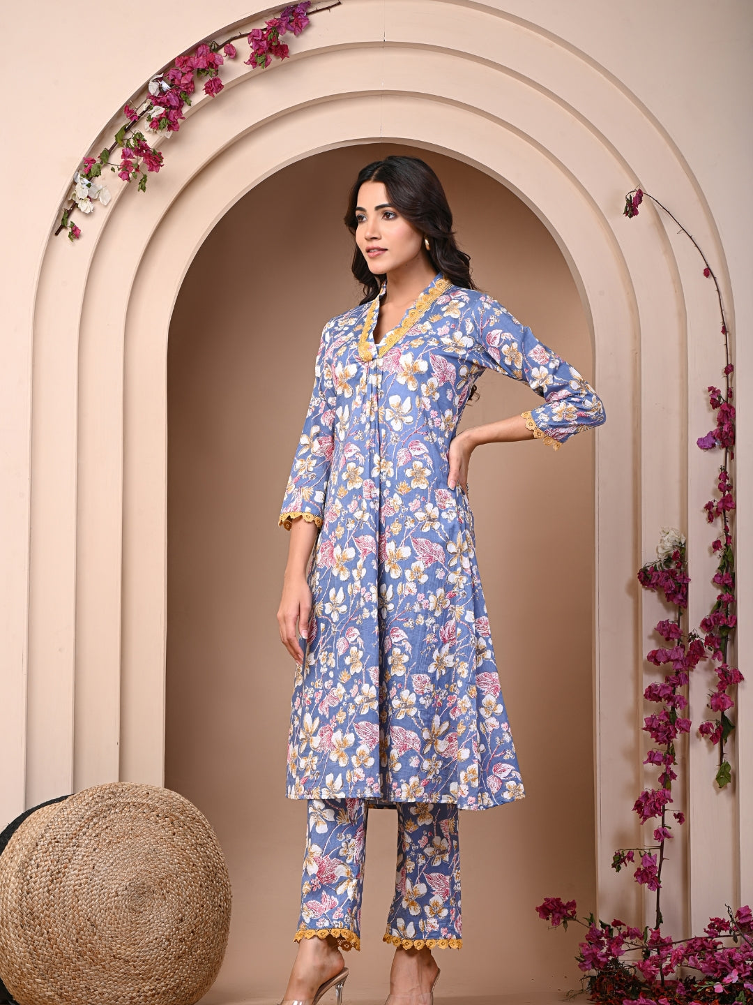 Pure Cotton Printed Greyish Blue Kurti & Pant Set