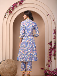 Pure Cotton Printed Greyish Blue Kurti & Pant Set