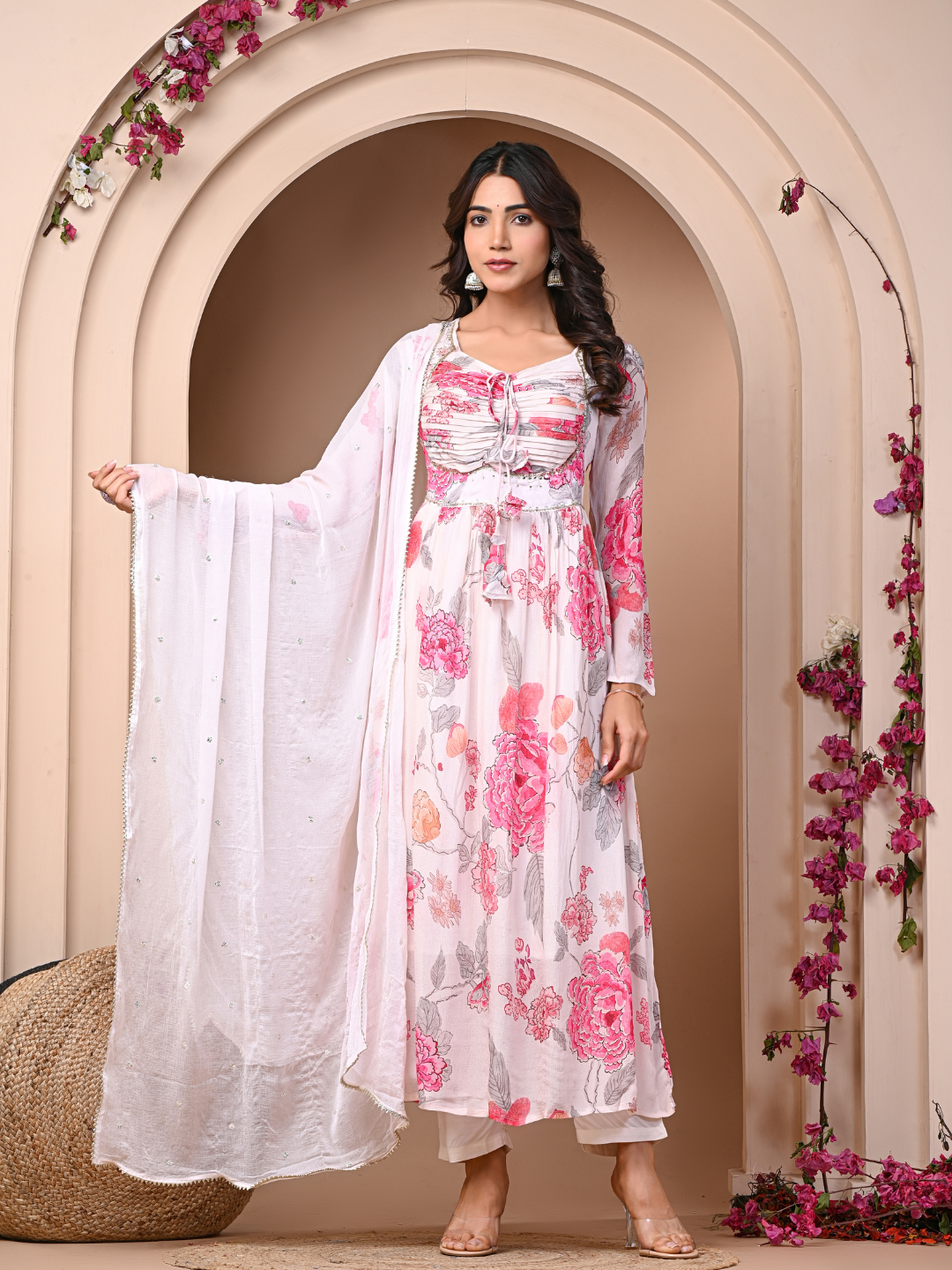 White 3 Pc Chinnon & Shantoon Padded Suit Set