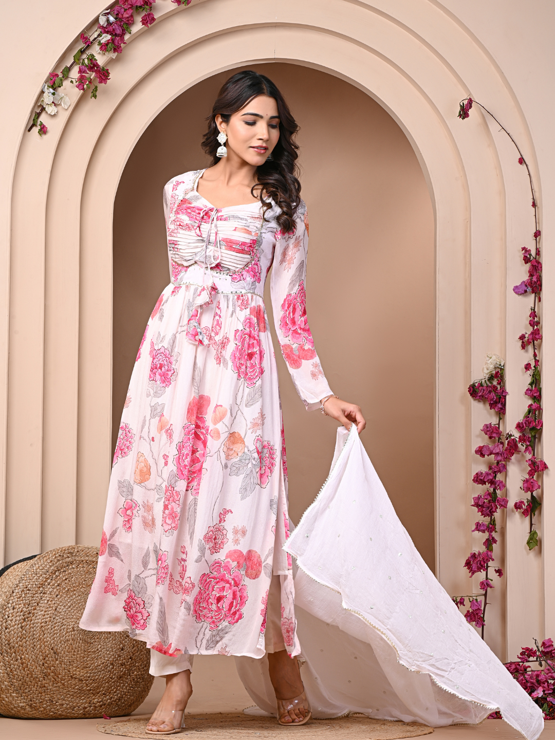 White 3 Pc Chinnon & Shantoon Padded Suit Set